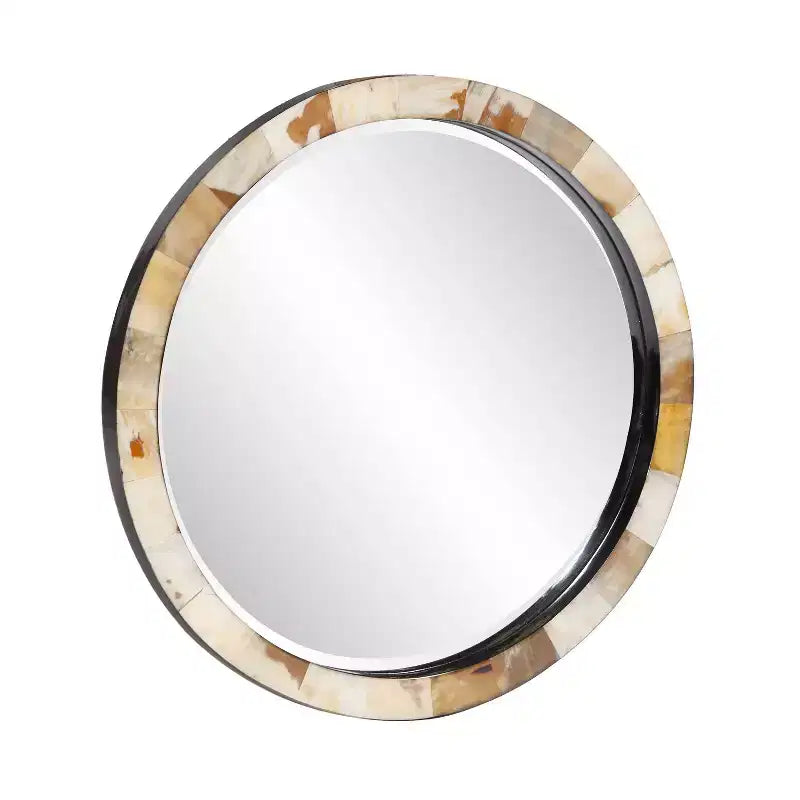 24" Round Beveled Wall Mirror with White and Tan Tiled Horn Frame