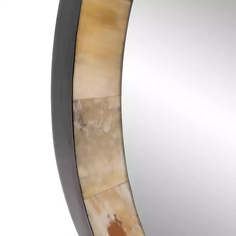 24" Round Beveled Wall Mirror with White and Tan Tiled Horn Frame