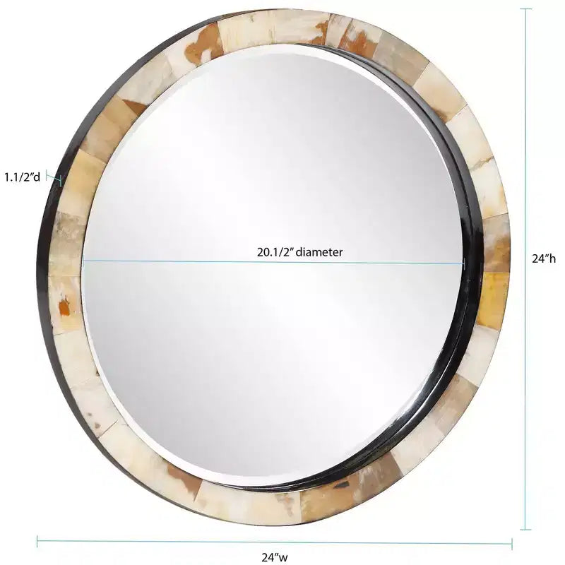 24" Round Beveled Wall Mirror with White and Tan Tiled Horn Frame