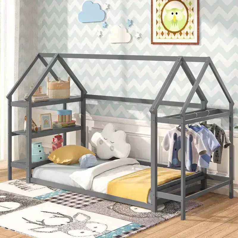 Twin Size Montessori House Floor Bed with Detachable Storage Shelves, Gray/White