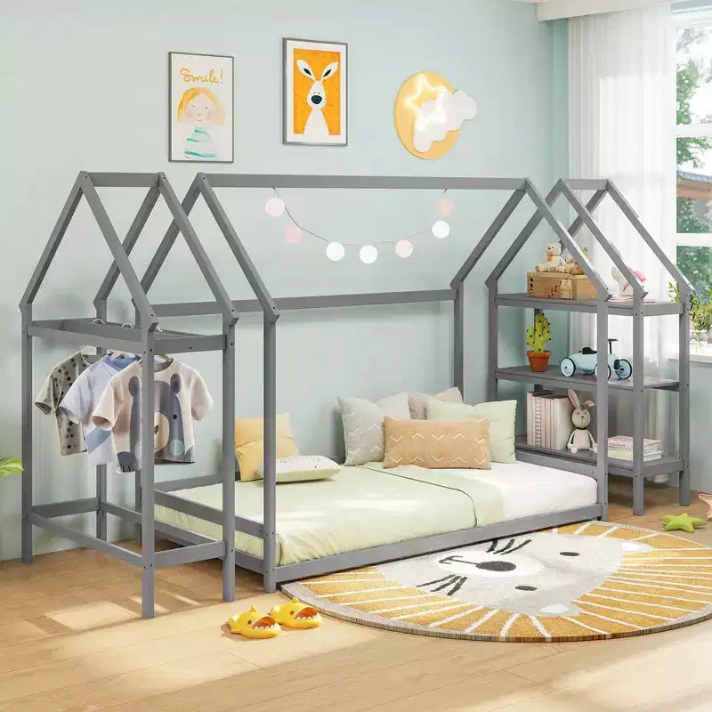 Twin Size Montessori House Floor Bed with Detachable Storage Shelves, Gray/White