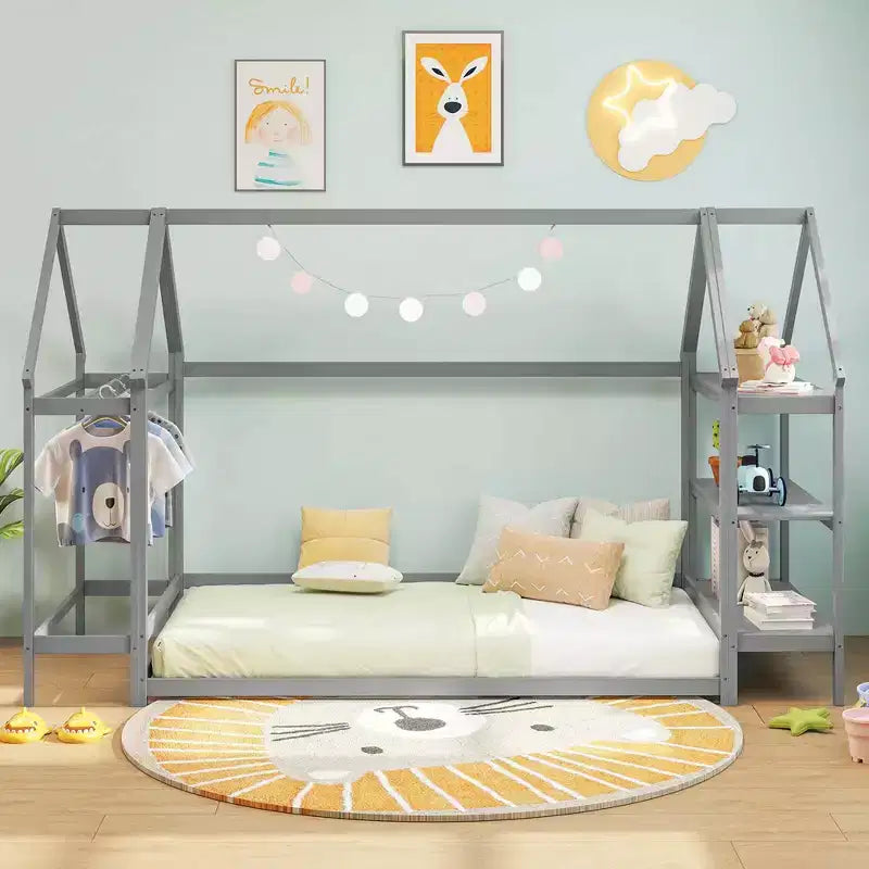 Twin Size Montessori House Floor Bed with Detachable Storage Shelves, Gray/White