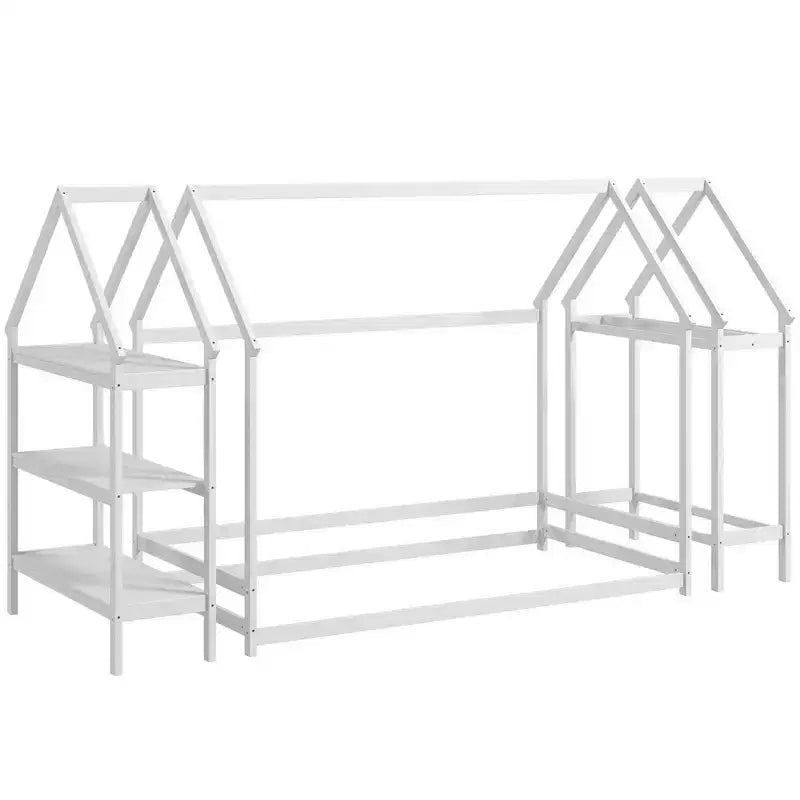 Twin Size Montessori House Floor Bed with Detachable Storage Shelves, Gray/White