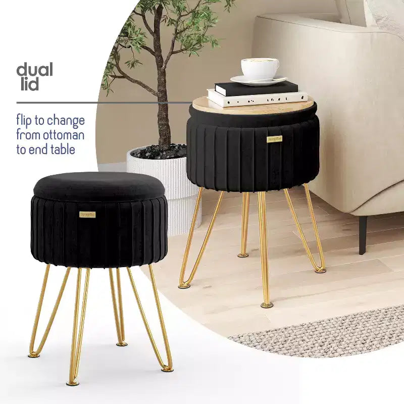 Pleated Velvet Round Storage Ottoman with Flip-Top Lid, 330 lbs Capacity