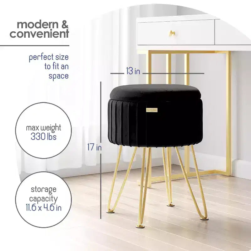 Pleated Velvet Round Storage Ottoman with Flip-Top Lid, 330 lbs Capacity