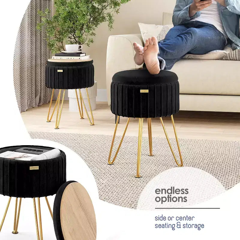 Pleated Velvet Round Storage Ottoman with Flip-Top Lid, 330 lbs Capacity