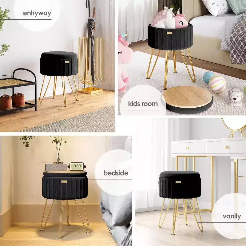 Pleated Velvet Round Storage Ottoman with Flip-Top Lid, 330 lbs Capacity