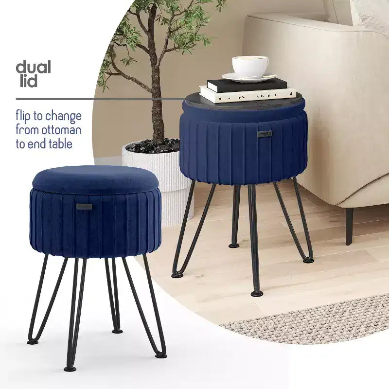 Pleated Velvet Round Storage Ottoman with Flip-Top Lid, 330 lbs Capacity