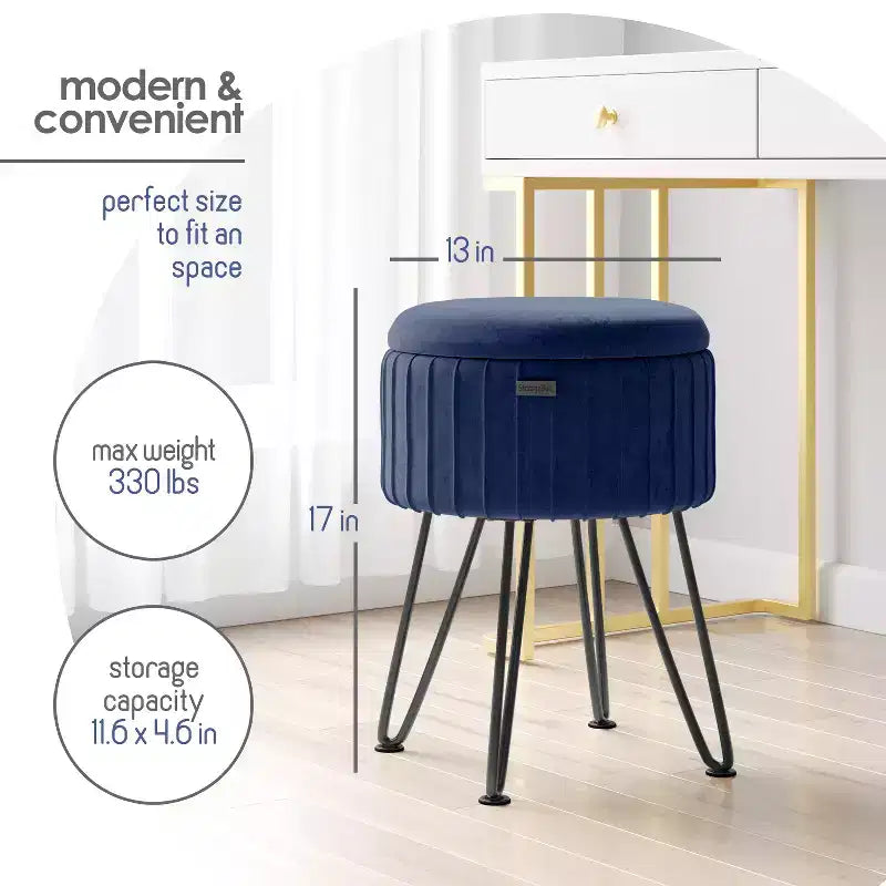 Pleated Velvet Round Storage Ottoman with Flip-Top Lid, 330 lbs Capacity