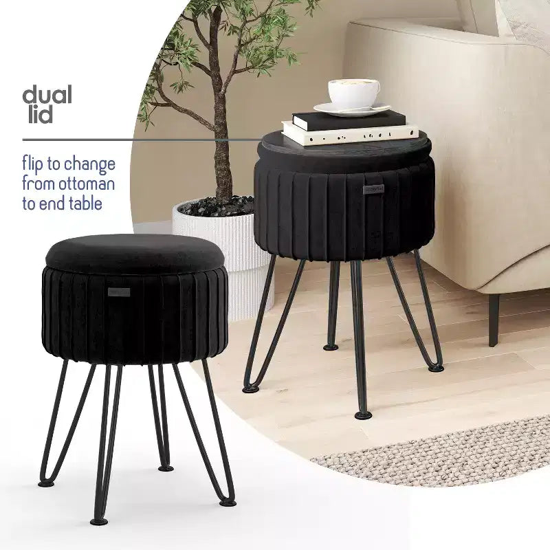 Pleated Velvet Round Storage Ottoman with Flip-Top Lid, 330 lbs Capacity