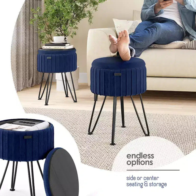 Pleated Velvet Round Storage Ottoman with Flip-Top Lid, 330 lbs Capacity