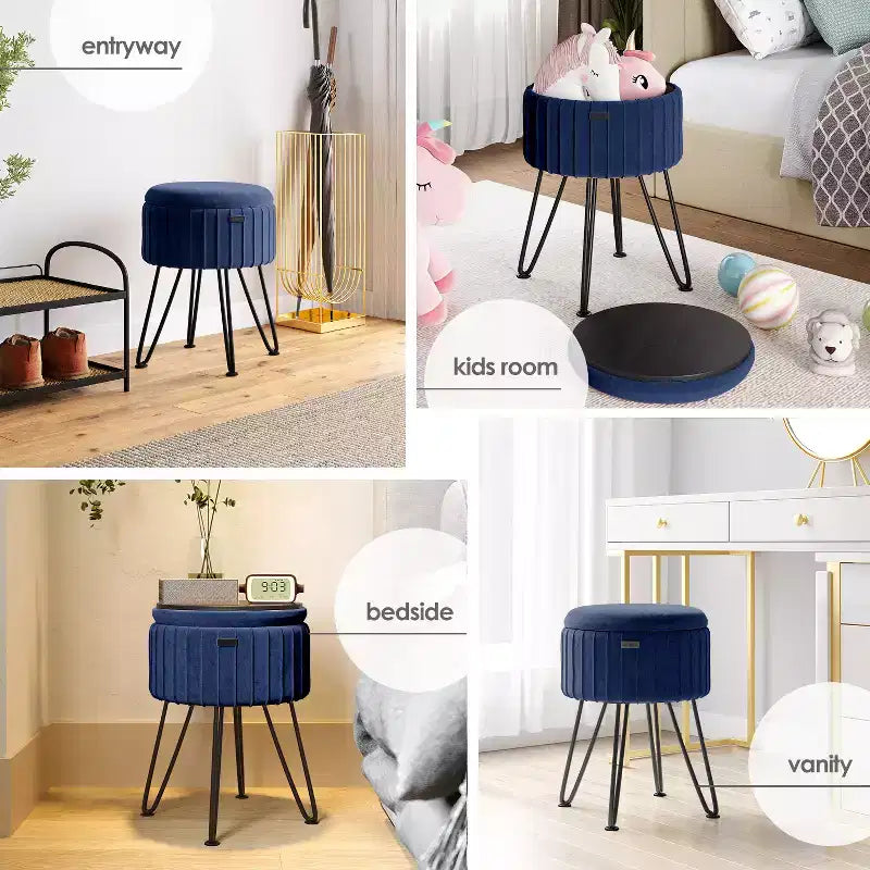 Pleated Velvet Round Storage Ottoman with Flip-Top Lid, 330 lbs Capacity
