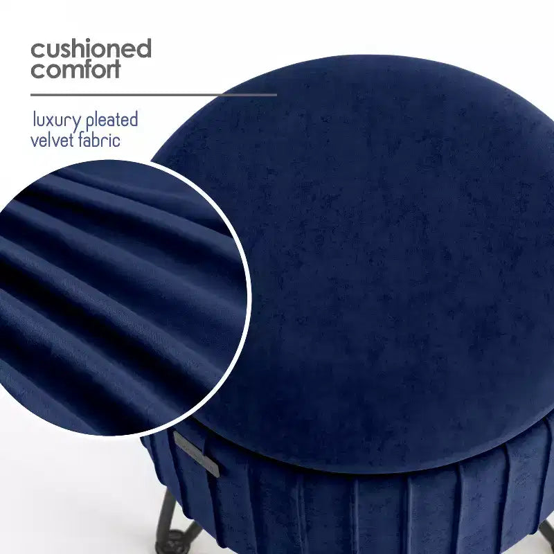 Pleated Velvet Round Storage Ottoman with Flip-Top Lid, 330 lbs Capacity
