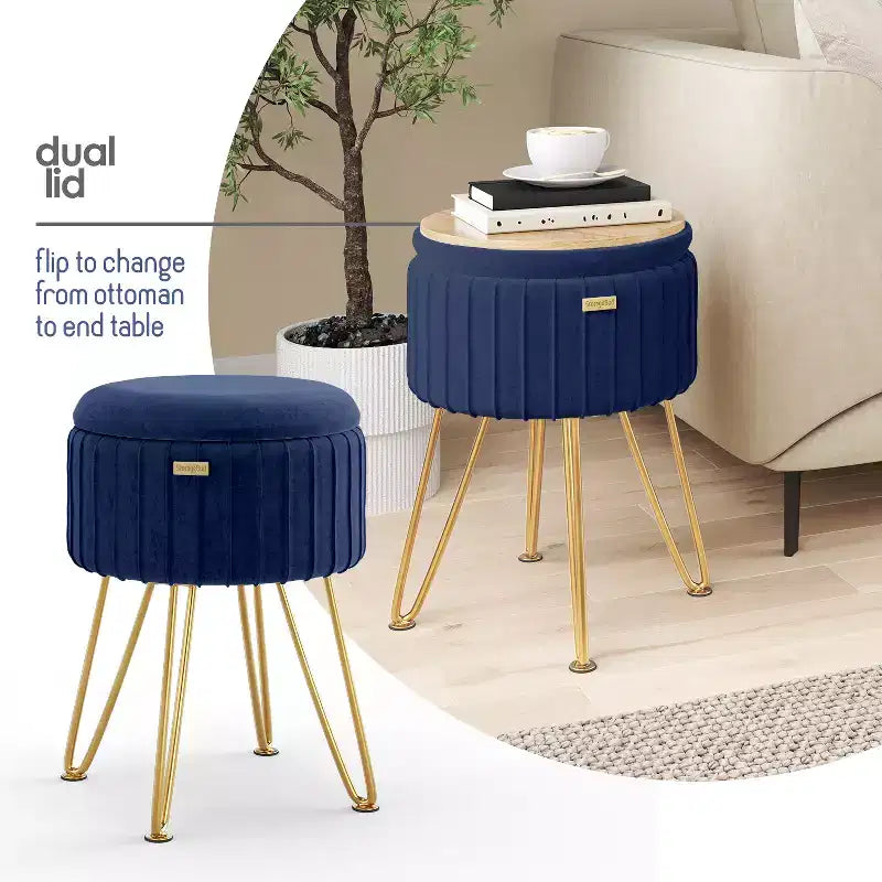 Pleated Velvet Round Storage Ottoman with Flip-Top Lid, 330 lbs Capacity