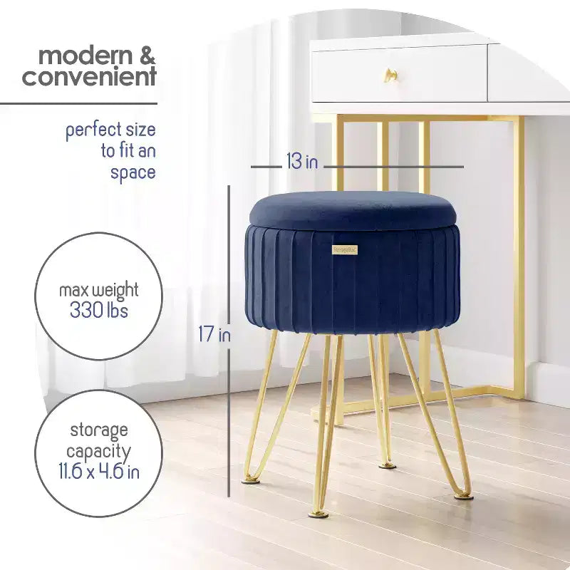 Pleated Velvet Round Storage Ottoman with Flip-Top Lid, 330 lbs Capacity