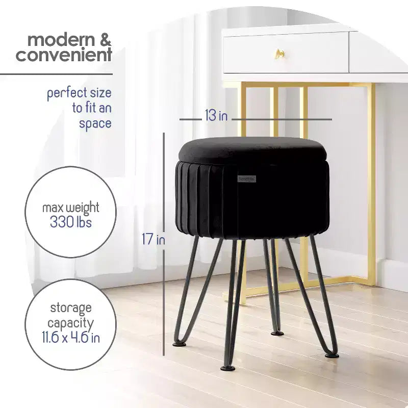 Pleated Velvet Round Storage Ottoman with Flip-Top Lid, 330 lbs Capacity