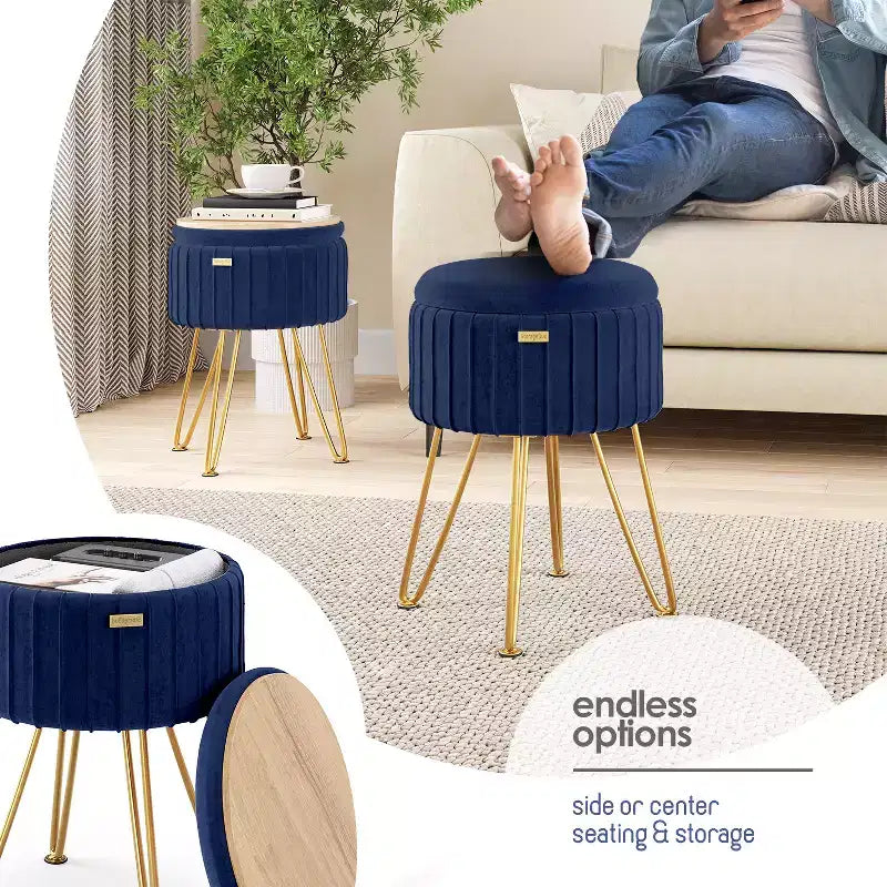 Pleated Velvet Round Storage Ottoman with Flip-Top Lid, 330 lbs Capacity