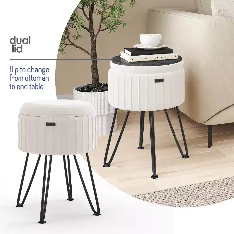 Pleated Velvet Round Storage Ottoman with Flip-Top Lid, 330 lbs Capacity
