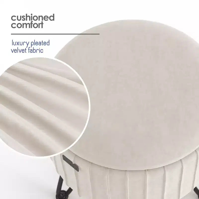 Pleated Velvet Round Storage Ottoman with Flip-Top Lid, 330 lbs Capacity