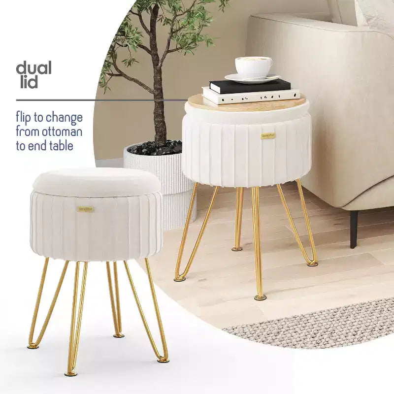 Pleated Velvet Round Storage Ottoman with Flip-Top Lid, 330 lbs Capacity