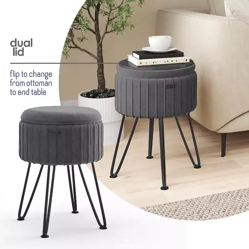 Pleated Velvet Round Storage Ottoman with Flip-Top Lid, 330 lbs Capacity