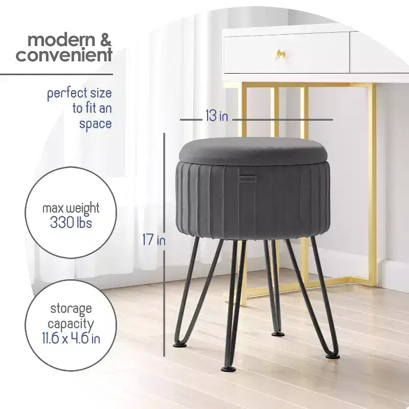 Pleated Velvet Round Storage Ottoman with Flip-Top Lid, 330 lbs Capacity