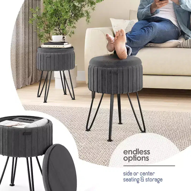 Pleated Velvet Round Storage Ottoman with Flip-Top Lid, 330 lbs Capacity