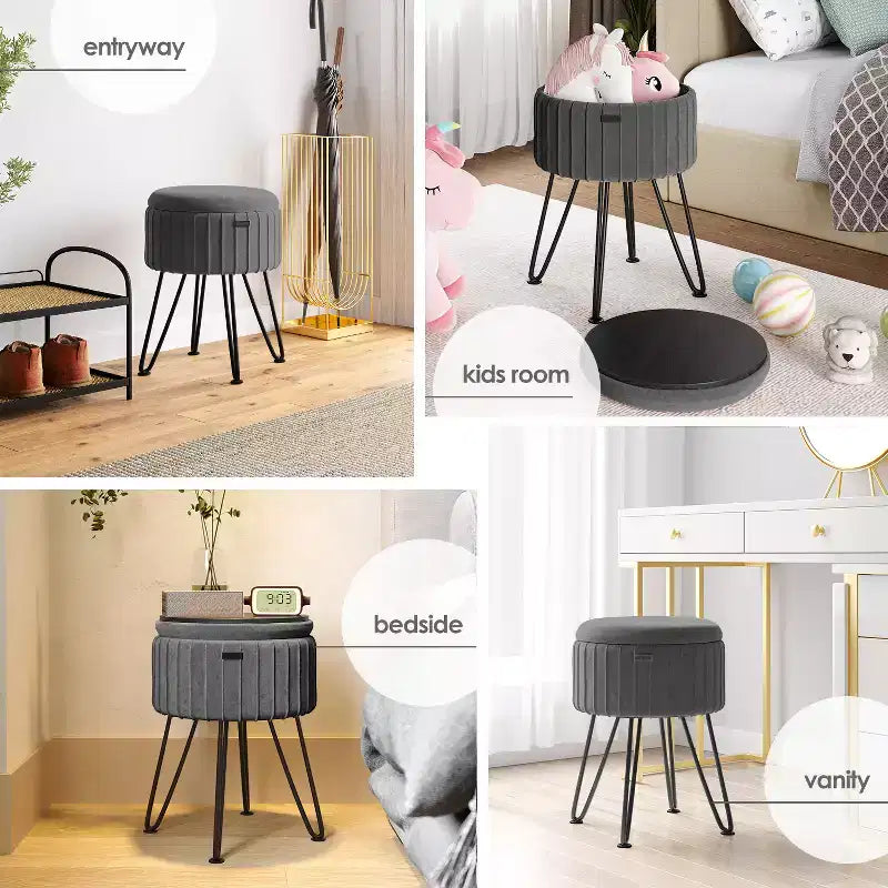 Pleated Velvet Round Storage Ottoman with Flip-Top Lid, 330 lbs Capacity
