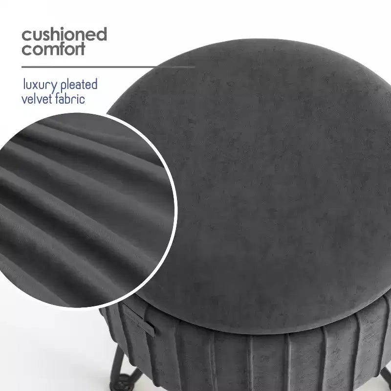 Pleated Velvet Round Storage Ottoman with Flip-Top Lid, 330 lbs Capacity