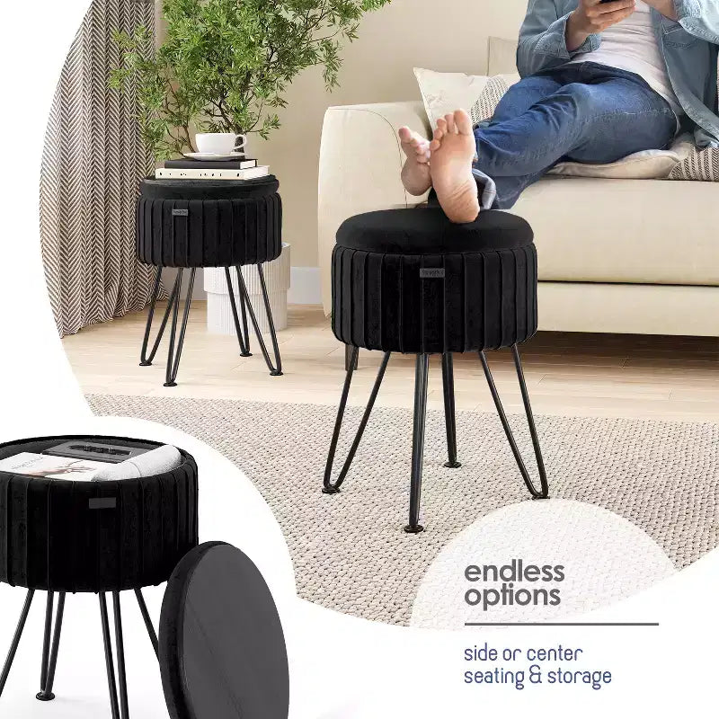 Pleated Velvet Round Storage Ottoman with Flip-Top Lid, 330 lbs Capacity