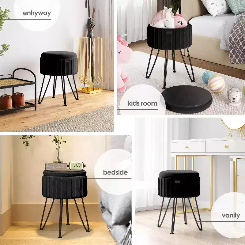 Pleated Velvet Round Storage Ottoman with Flip-Top Lid, 330 lbs Capacity
