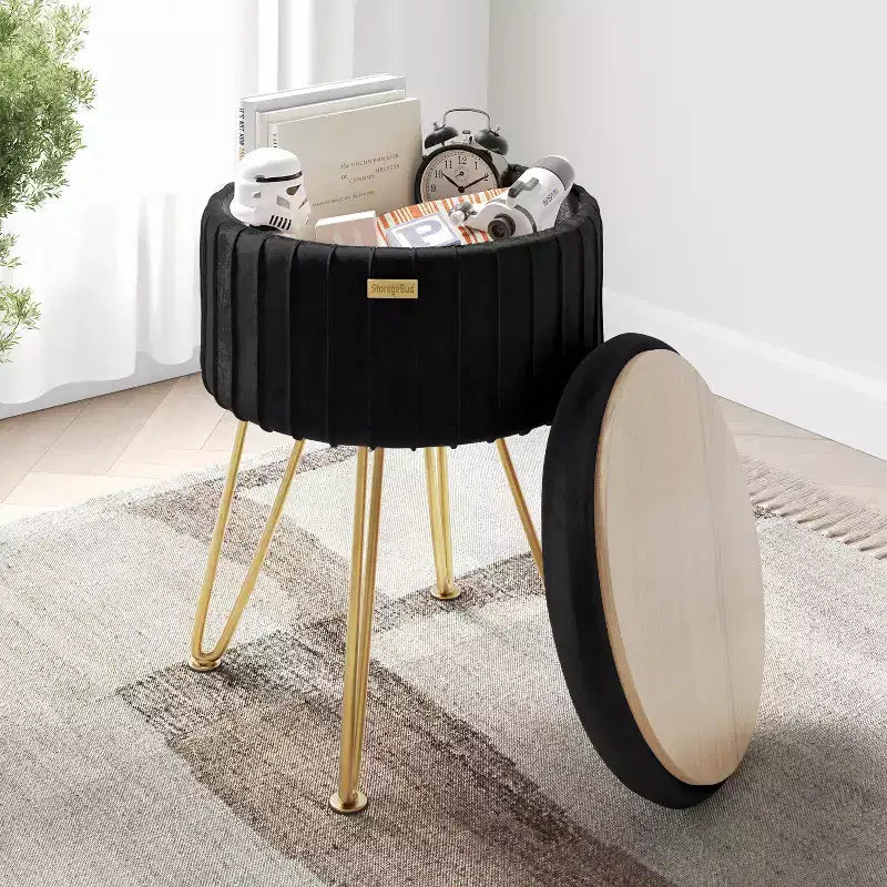Pleated Velvet Round Storage Ottoman with Flip-Top Lid, 330 lbs Capacity