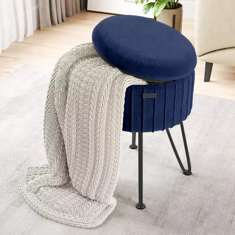 Pleated Velvet Round Storage Ottoman with Flip-Top Lid, 330 lbs Capacity