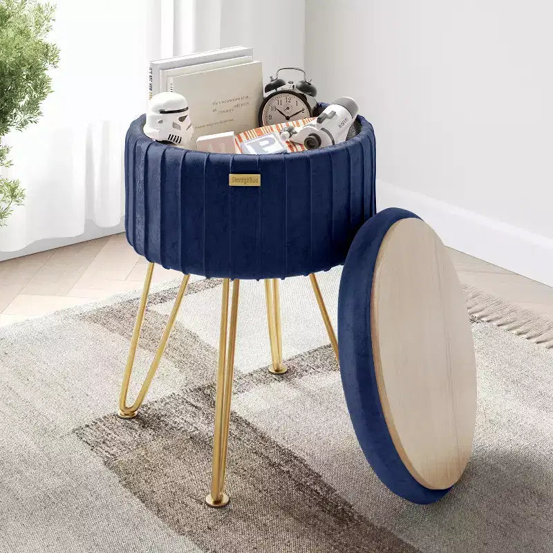 Pleated Velvet Round Storage Ottoman with Flip-Top Lid, 330 lbs Capacity