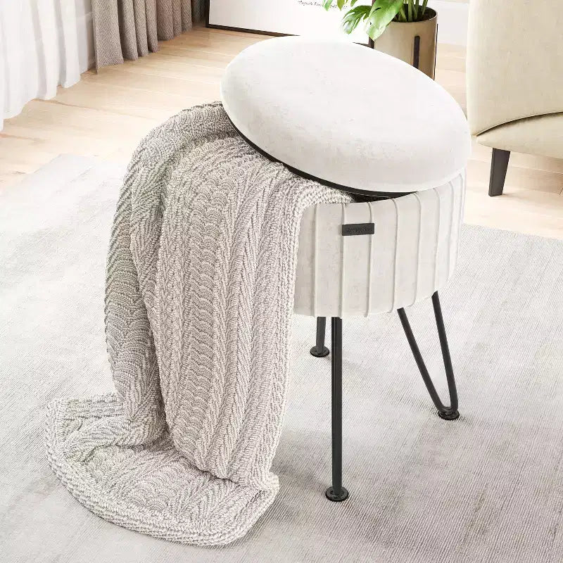 Pleated Velvet Round Storage Ottoman with Flip-Top Lid, 330 lbs Capacity