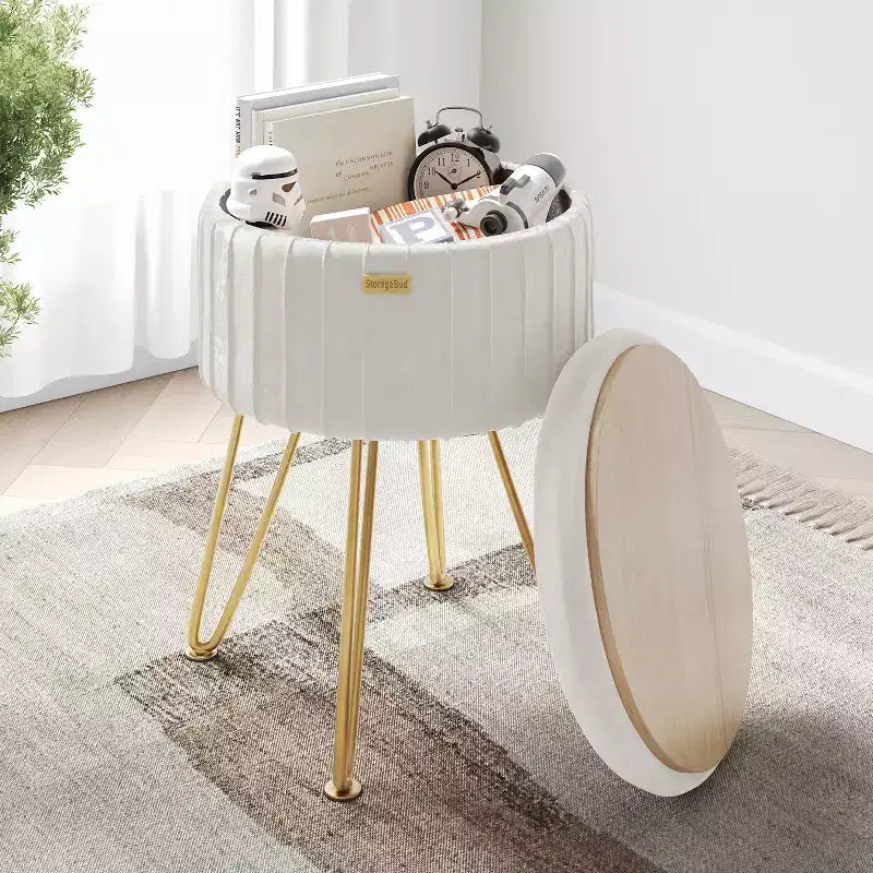 Pleated Velvet Round Storage Ottoman with Flip-Top Lid, 330 lbs Capacity