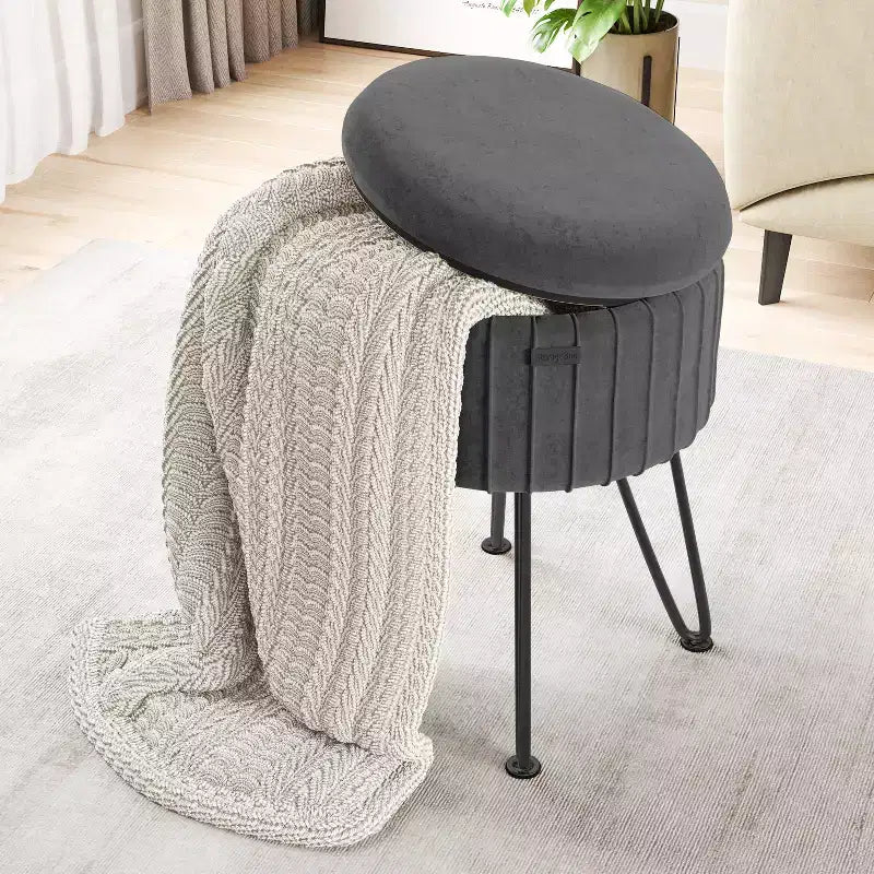 Pleated Velvet Round Storage Ottoman with Flip-Top Lid, 330 lbs Capacity