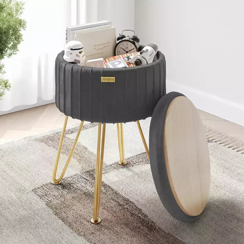 Pleated Velvet Round Storage Ottoman with Flip-Top Lid, 330 lbs Capacity
