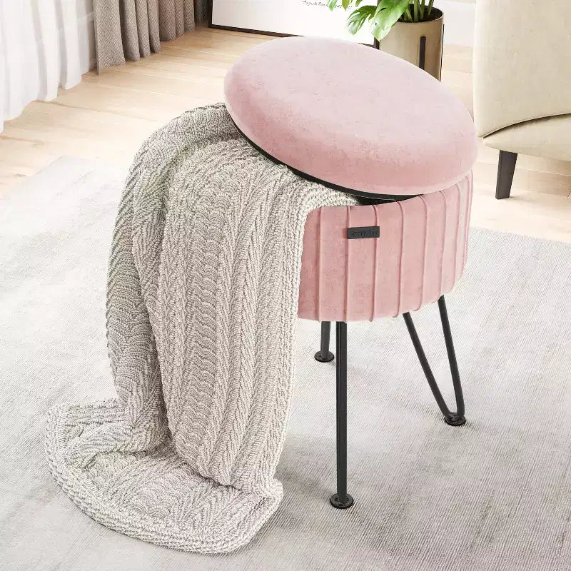 Pleated Velvet Round Storage Ottoman with Flip-Top Lid, 330 lbs Capacity