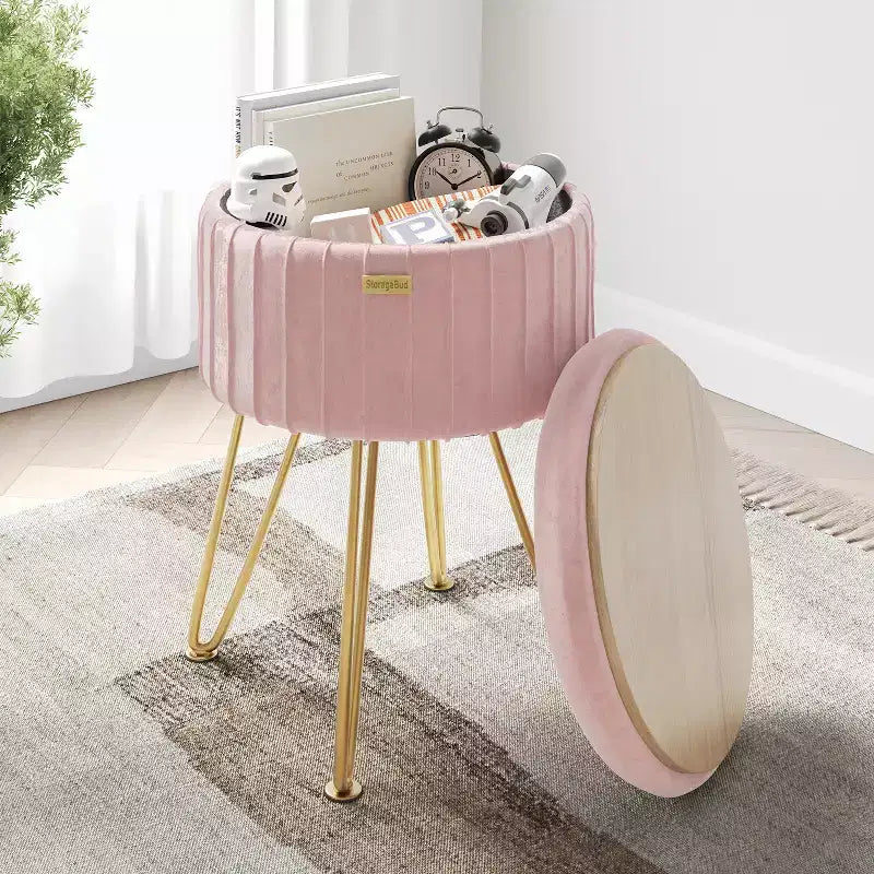 Pleated Velvet Round Storage Ottoman with Flip-Top Lid, 330 lbs Capacity