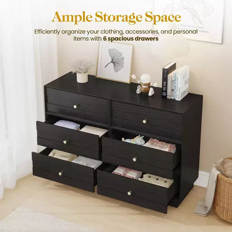 Modern 6-Drawer Dresser with Crystal Knobs and Painted Strip, for Bedroom, Living Room, Hallway, Closet