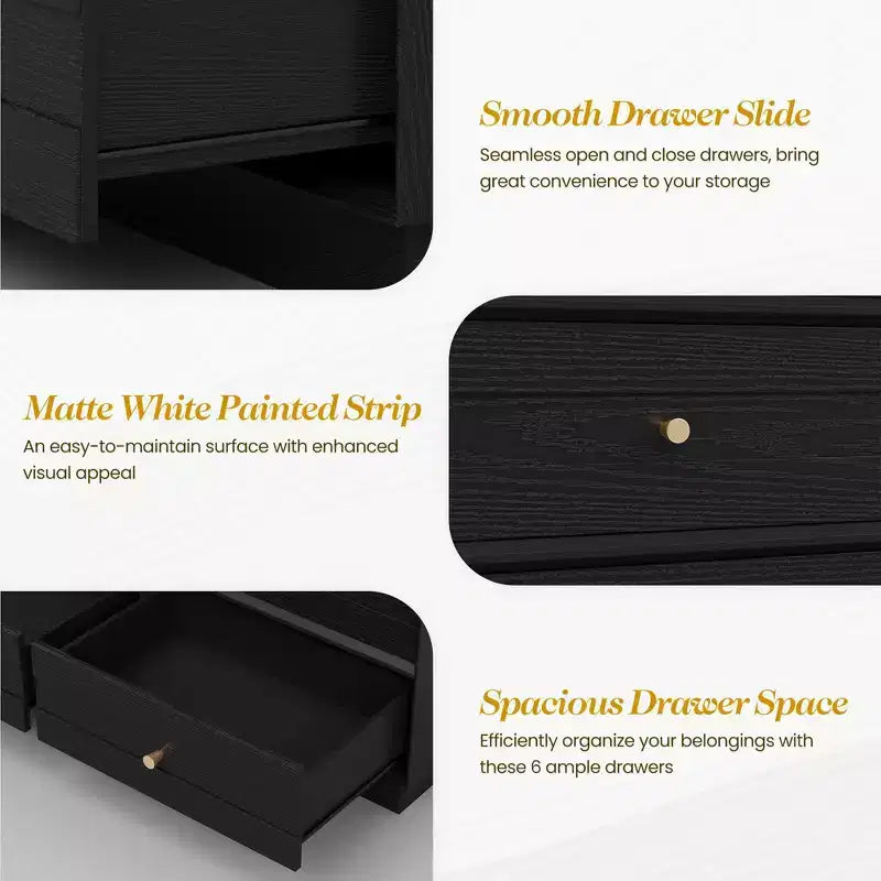 Modern 6-Drawer Dresser with Crystal Knobs and Painted Strip, for Bedroom, Living Room, Hallway, Closet