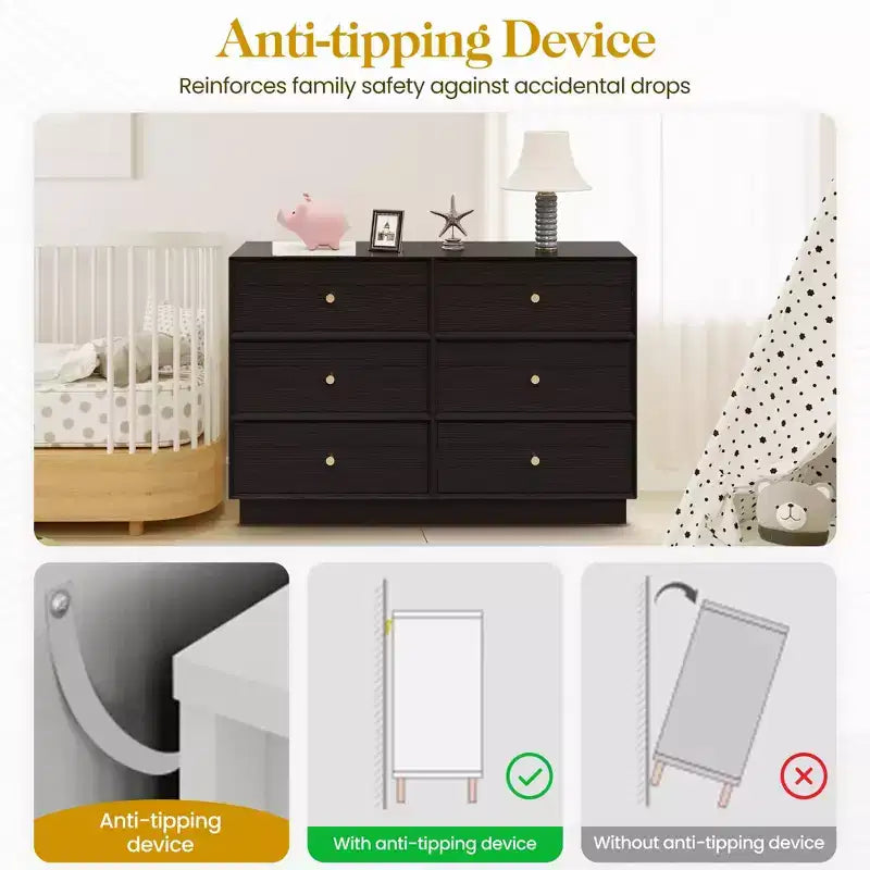 Modern 6-Drawer Dresser with Crystal Knobs and Painted Strip, for Bedroom, Living Room, Hallway, Closet