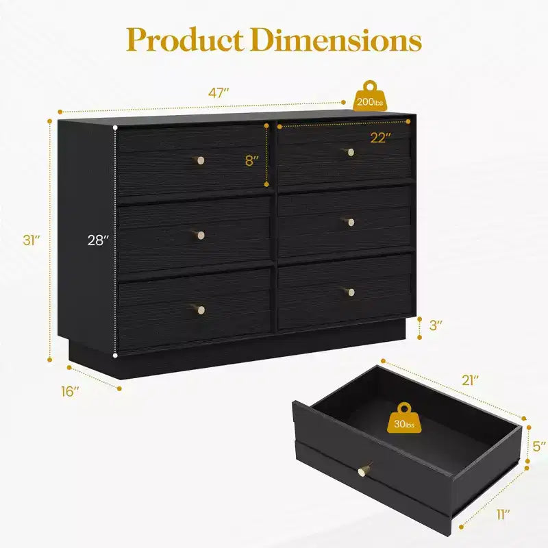 Modern 6-Drawer Dresser with Crystal Knobs and Painted Strip, for Bedroom, Living Room, Hallway, Closet