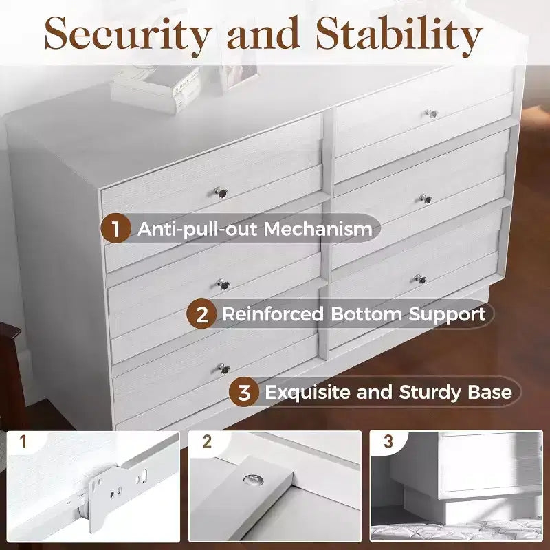 Modern 6-Drawer Dresser with Crystal Knobs and Painted Strip, for Bedroom, Living Room, Hallway, Closet