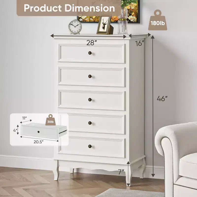 Modern 5-Drawer Dresser with Solid Wood Legs and Painted Finish, for Bedroom, Living Room, Nursery, Hallway