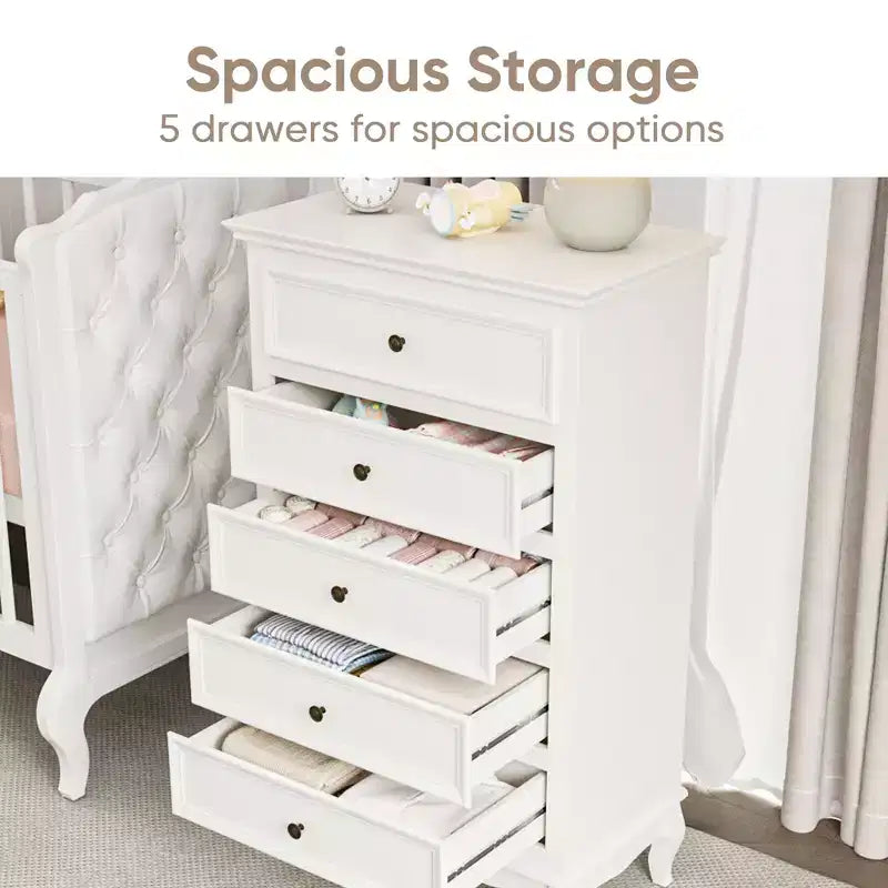 Modern 5-Drawer Dresser with Solid Wood Legs and Painted Finish, for Bedroom, Living Room, Nursery, Hallway