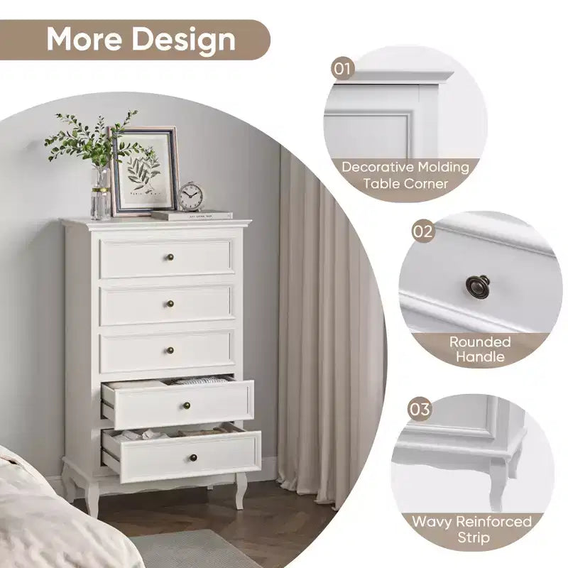 Modern 5-Drawer Dresser with Solid Wood Legs and Painted Finish, for Bedroom, Living Room, Nursery, Hallway