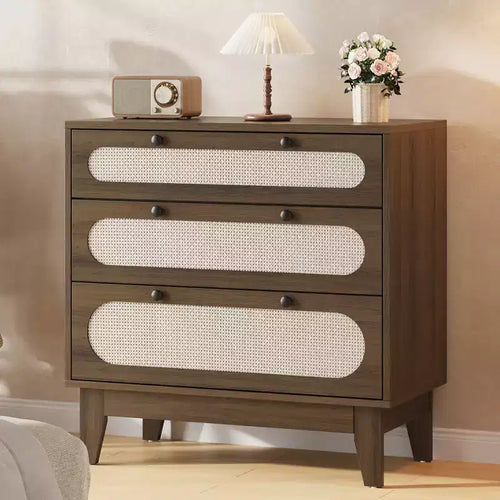 3-Drawer Wood Dresser, Rattan Nightstand Bedside Table for Bedroom, Living Room, Entryway