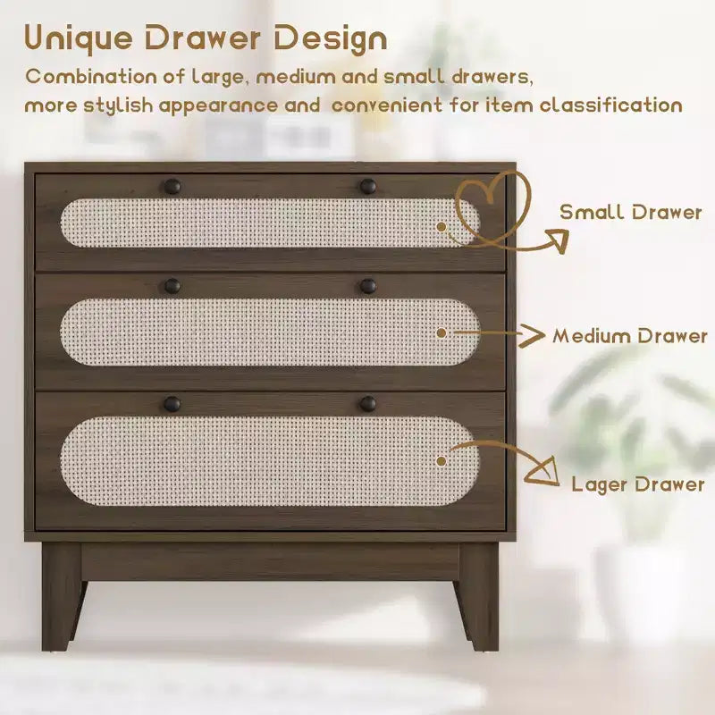 3-Drawer Wood Dresser, Rattan Nightstand Bedside Table for Bedroom, Living Room, Entryway